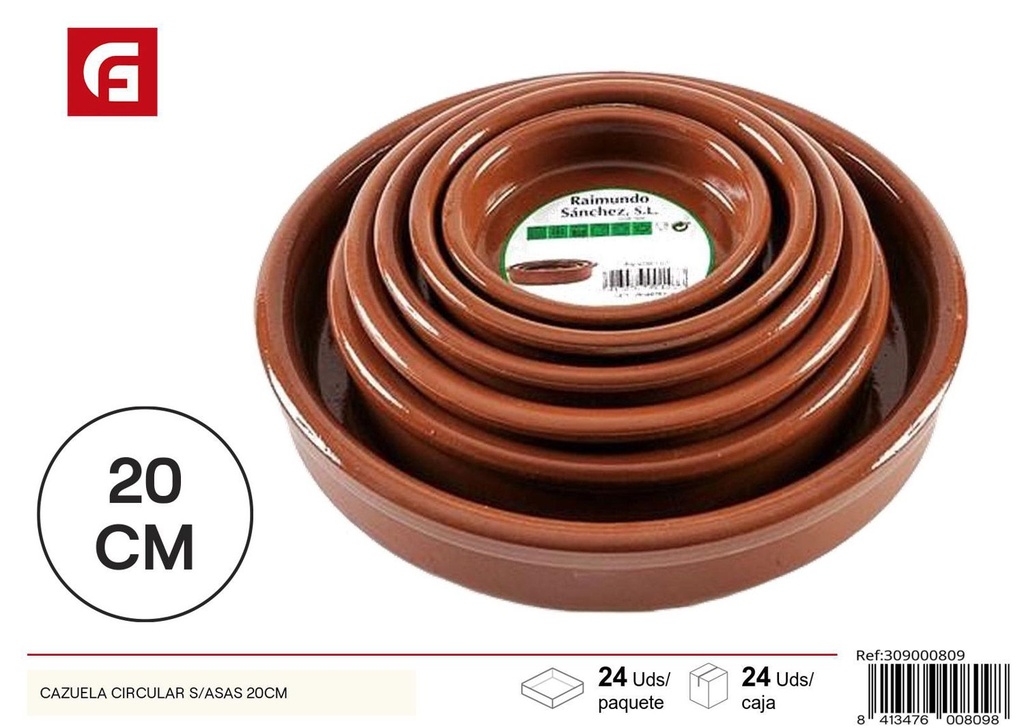 Cazuela circular de barro 20 cm - Utensilios de cocina de barro