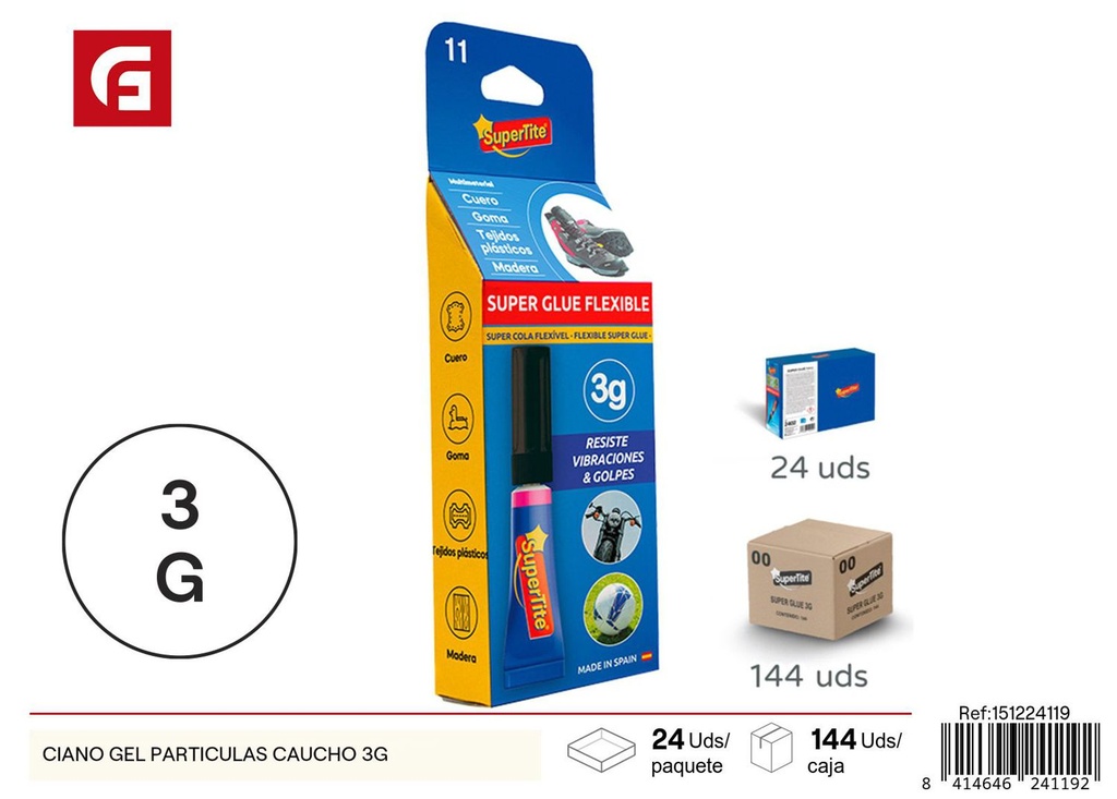 Adhesivo ciano gel con partículas de caucho 3g para manualidades y reparaciones