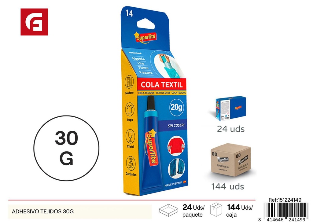 Adhesivo para tejidos 30g - Materiales para manualidades