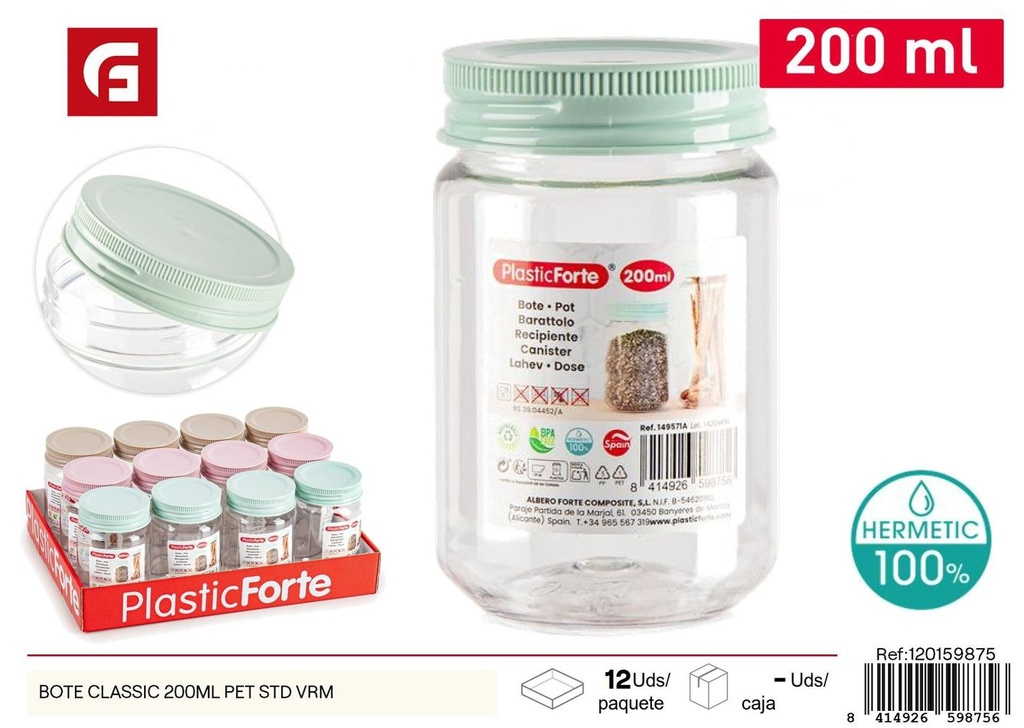 Bote Classic de 200ml PET STD VRM para almacenamiento de alimentos