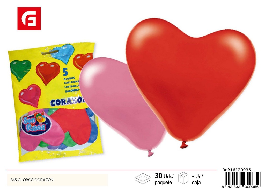 Bolsa de 5 globos en forma de corazón - Decoración para eventos