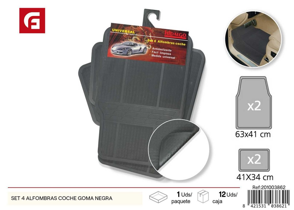 Set de 4 alfombras de coche de goma negra para protección del suelo