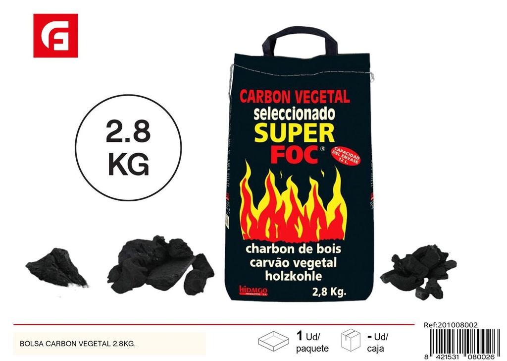 Bolsa de carbón vegetal 2.8kg para barbacoas y calefacción