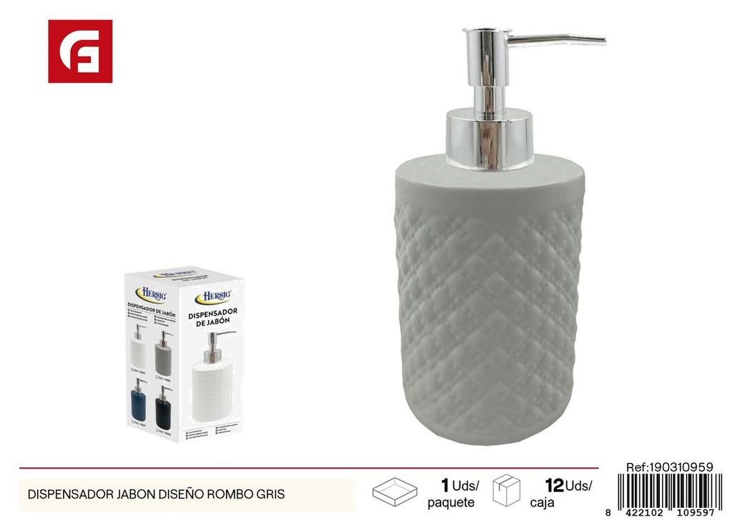 Dispensador jabón diseño rombo gris para baño y cocina