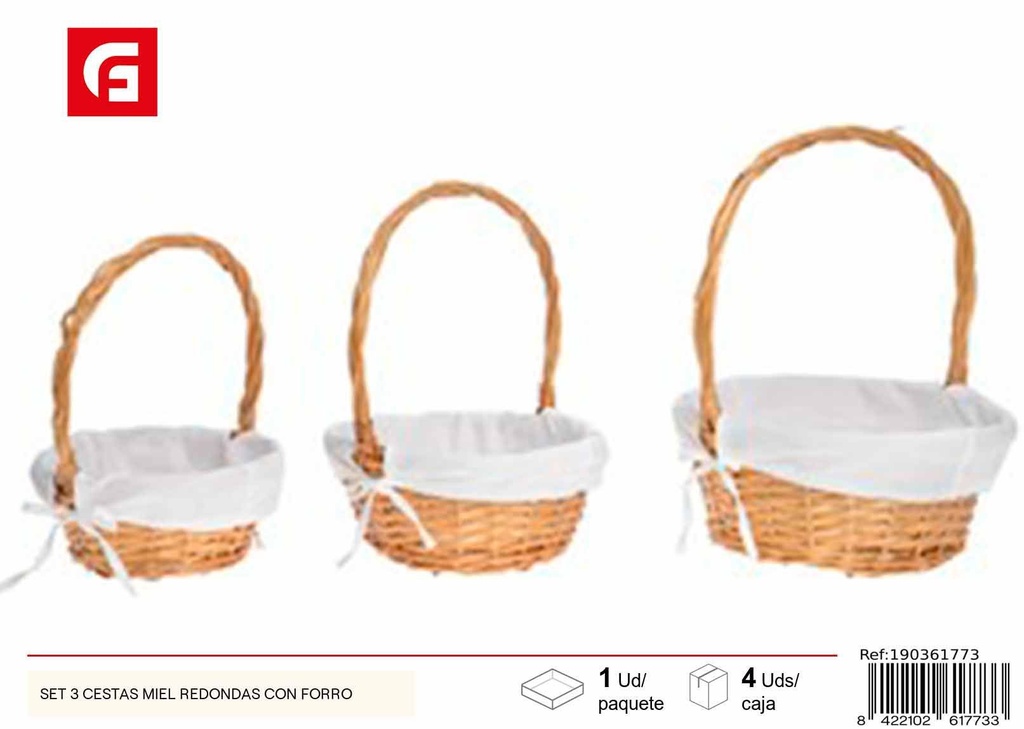 Set de 3 cestas redondas con forro miel - Almacenaje y decoración