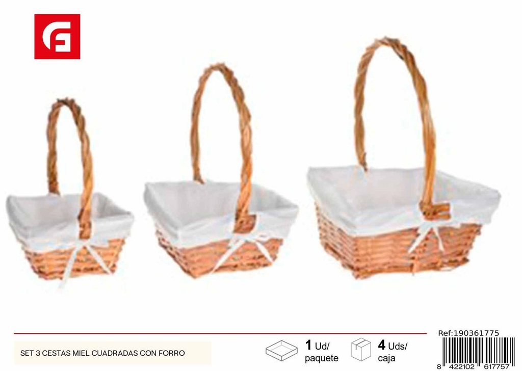 Set de 3 cestas cuadradas miel con forro - Decoración del hogar