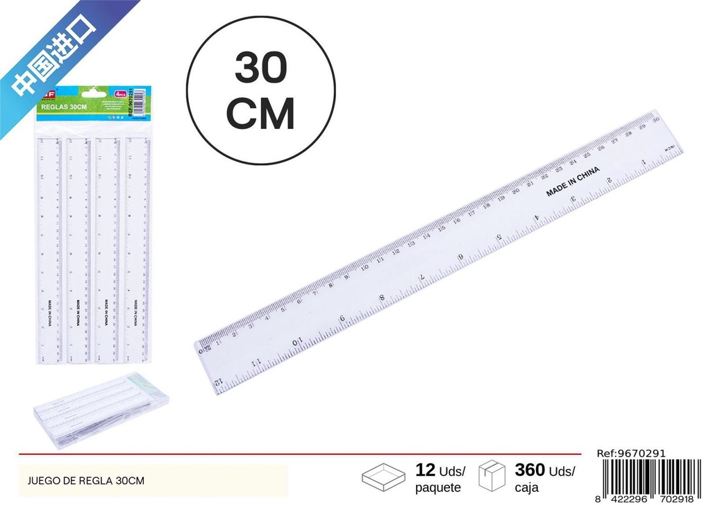 Juego de reglas 30cm para escuela y oficina