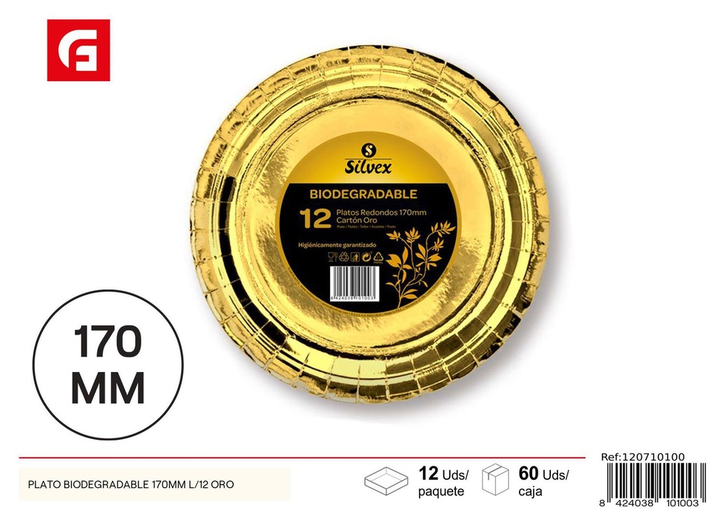 Plato biodegradable 170MM 12 piezas oro - Utensilios de fiesta