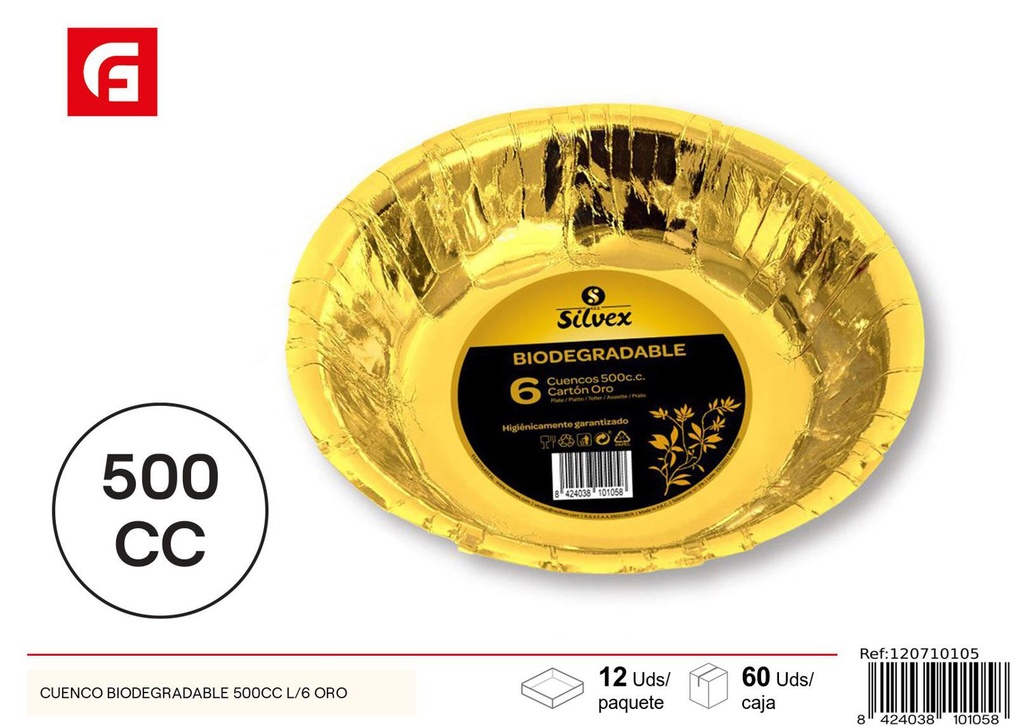 Cuenco biodegradable 500cc l/6 oro desechable