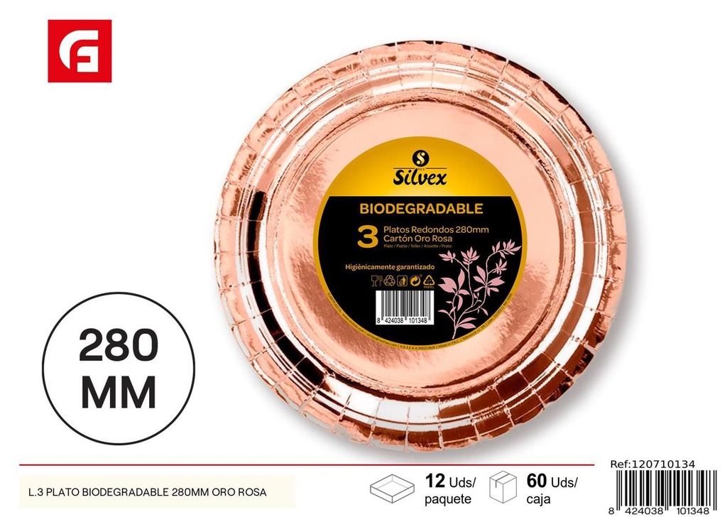 Plato biodegradable 280mm oro rosado - Utensilios de navidad