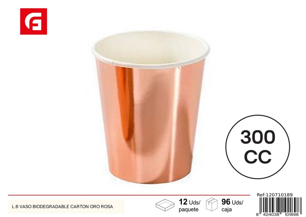 Vaso biodegradable de cartón oro rosa L.6 - Utensilios desechables para fiestas