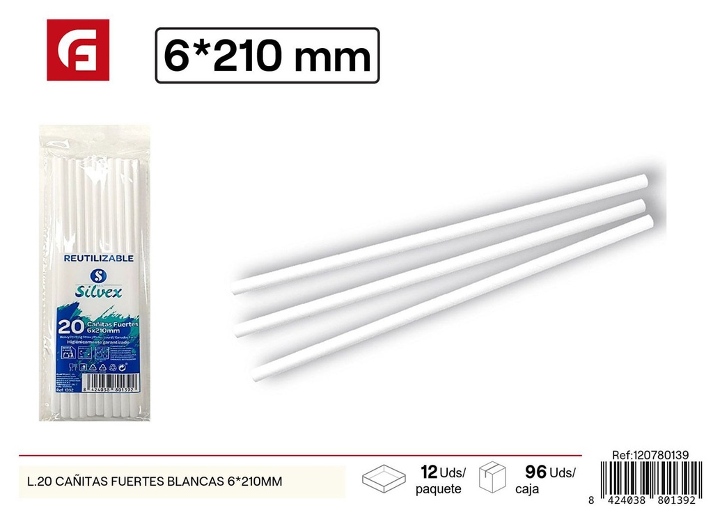 Pajitas blancas fuertes 6x210mm para bebidas