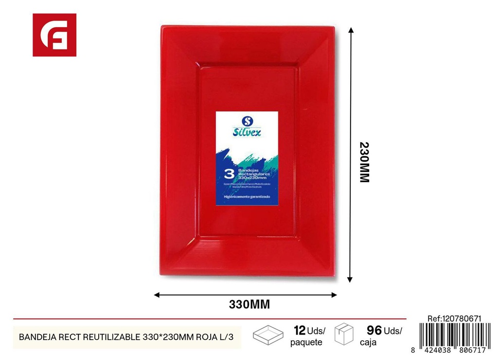 Bandeja rectangular reutilizable 330x230mm roja pack de 3 para eventos y catering