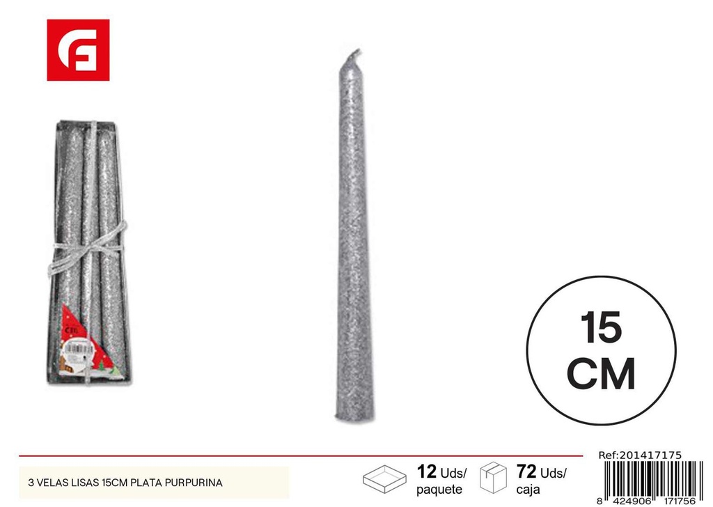 Velas lisas 15 cm plata purpurina - Artículos de navidad