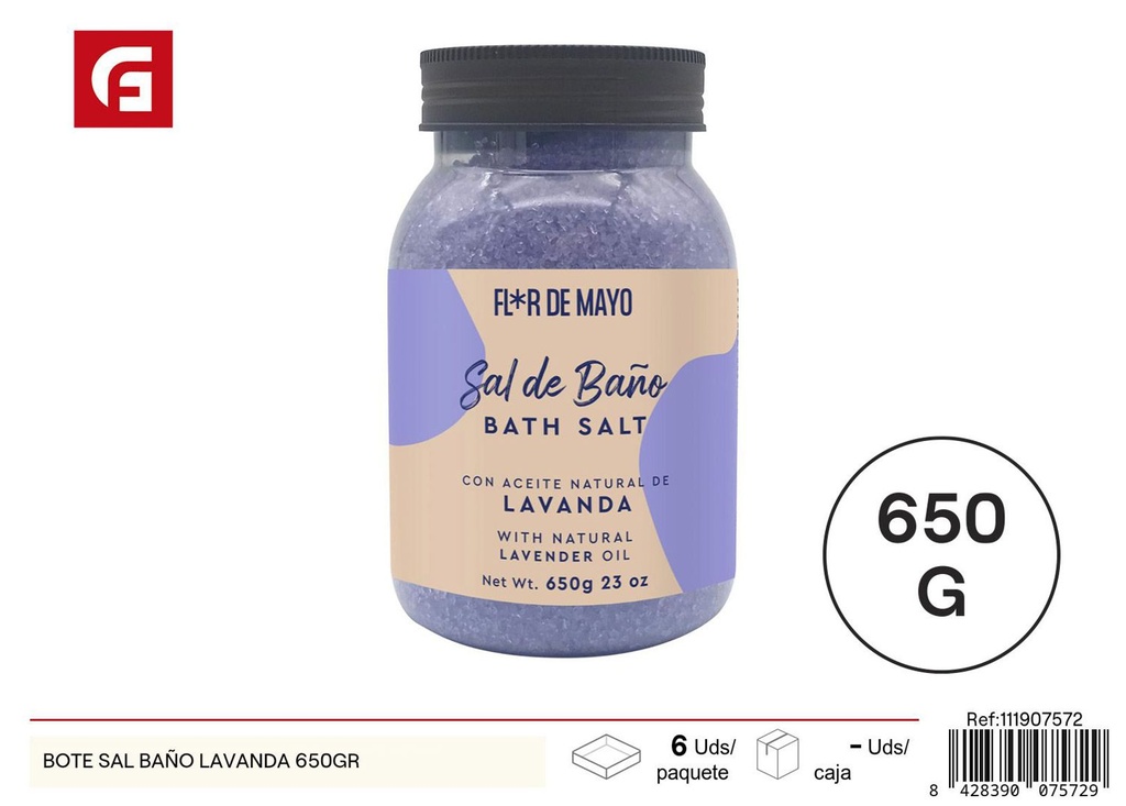 Bote de sal de baño lavanda 650gr para relajación y cuidado personal