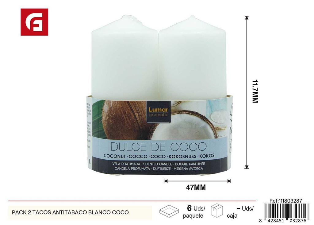 Pack 2 velas antitabaco blanco coco para ambientación