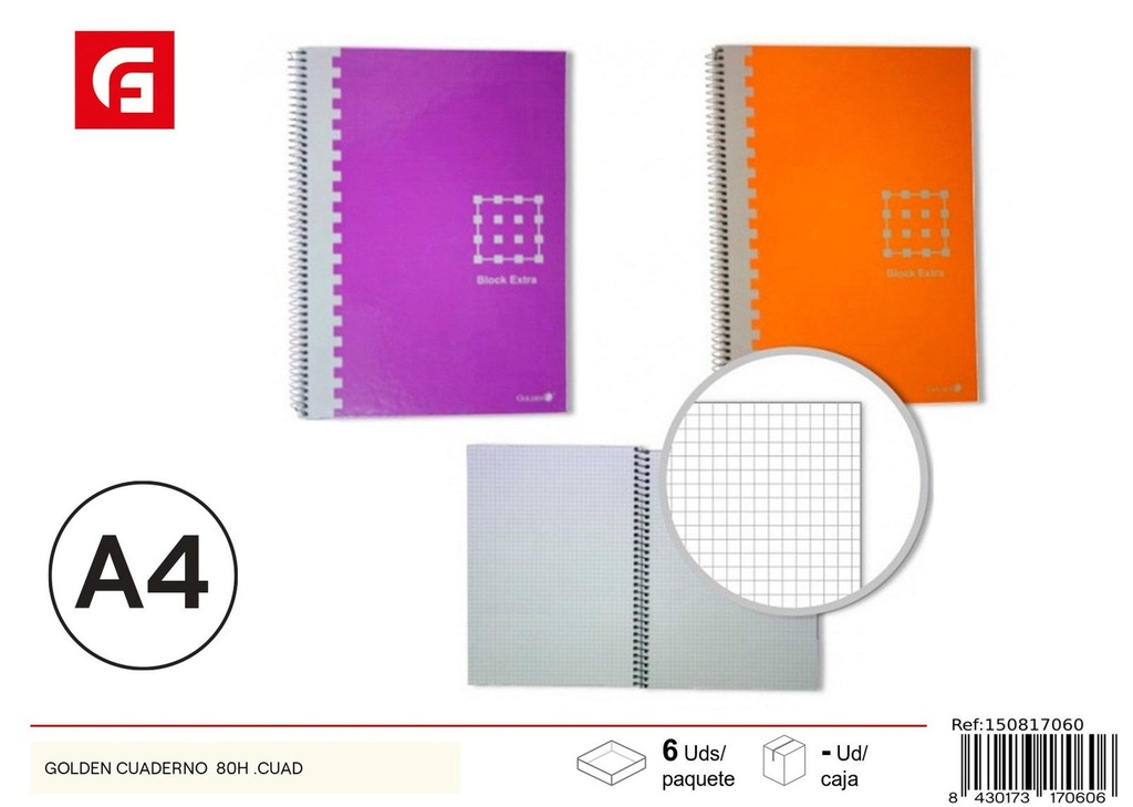 Cuaderno Golden de 80 páginas con cuadrícula - Material escolar