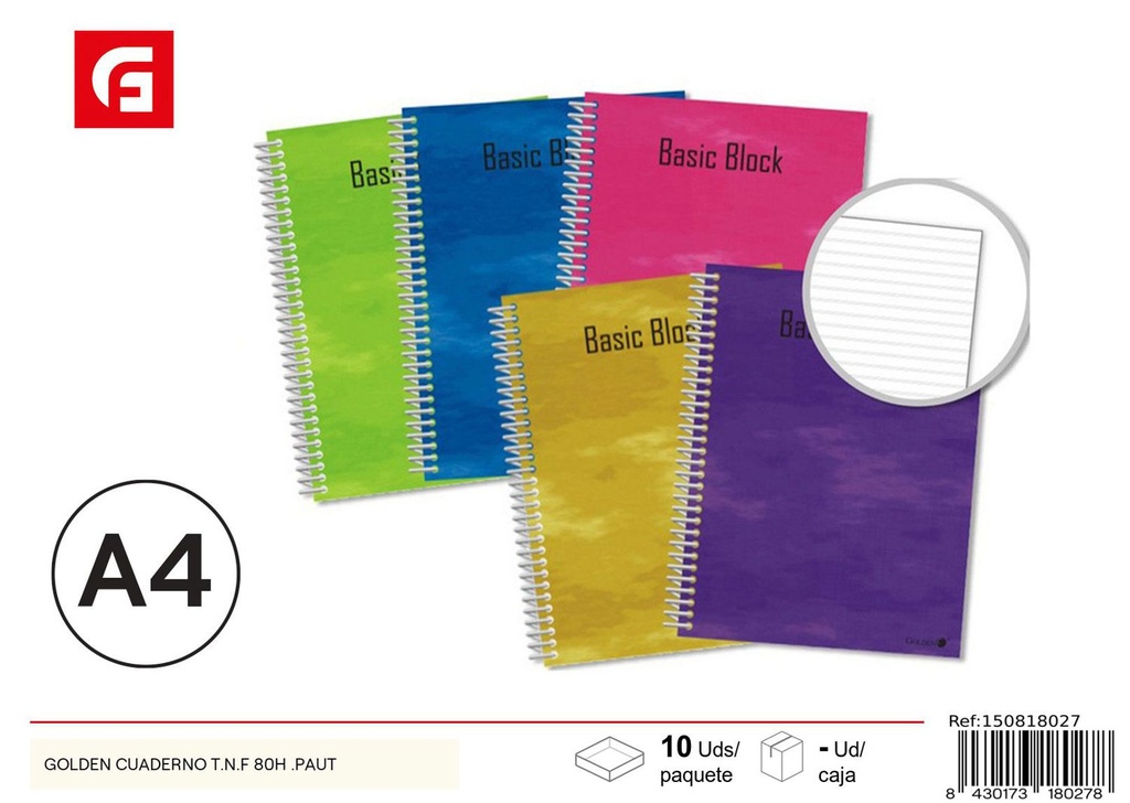 Cuaderno Golden T.N.F 80 hojas pautado, ideal para notas y tareas