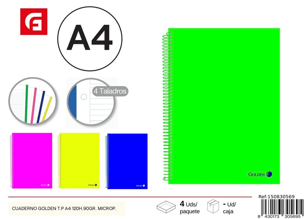 Cuaderno Golden T.P A4 120H.90GR. Microp - Material escolar