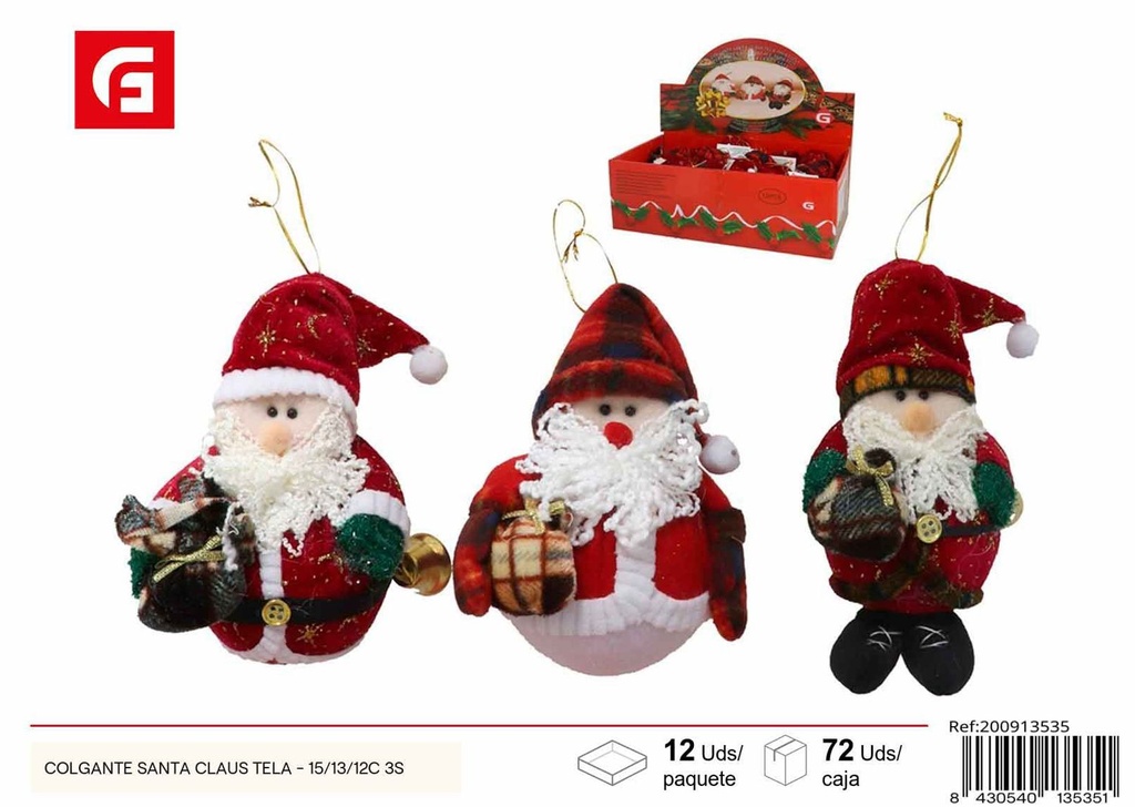 Colgante Santa Claus de tela 15/13/12 cm - Decoraciones navideñas