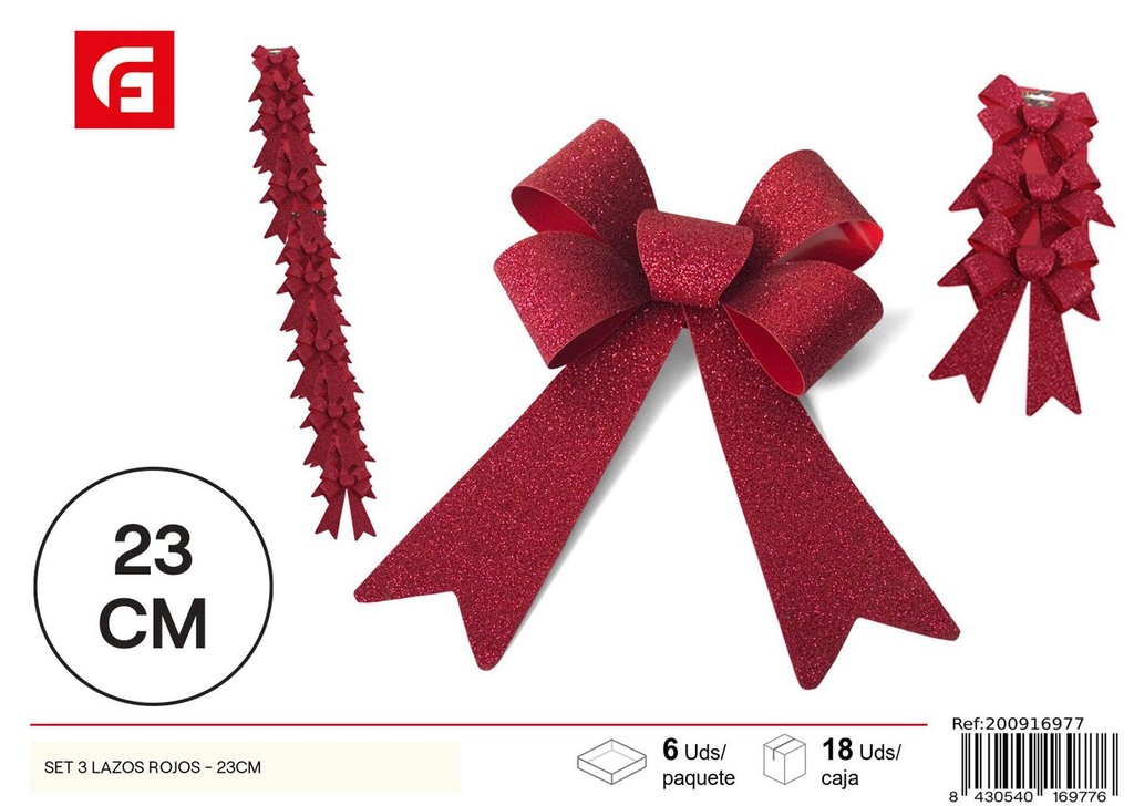 Set 3 lazos rojos 23cm para decoraciones navideñas