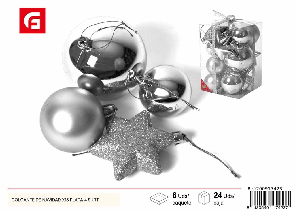 Adorno navideño colgante x15 - Plata 4 surtidos