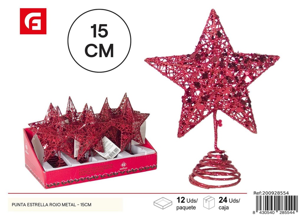 Punta estrella roja metal 15cm para árbol de Navidad