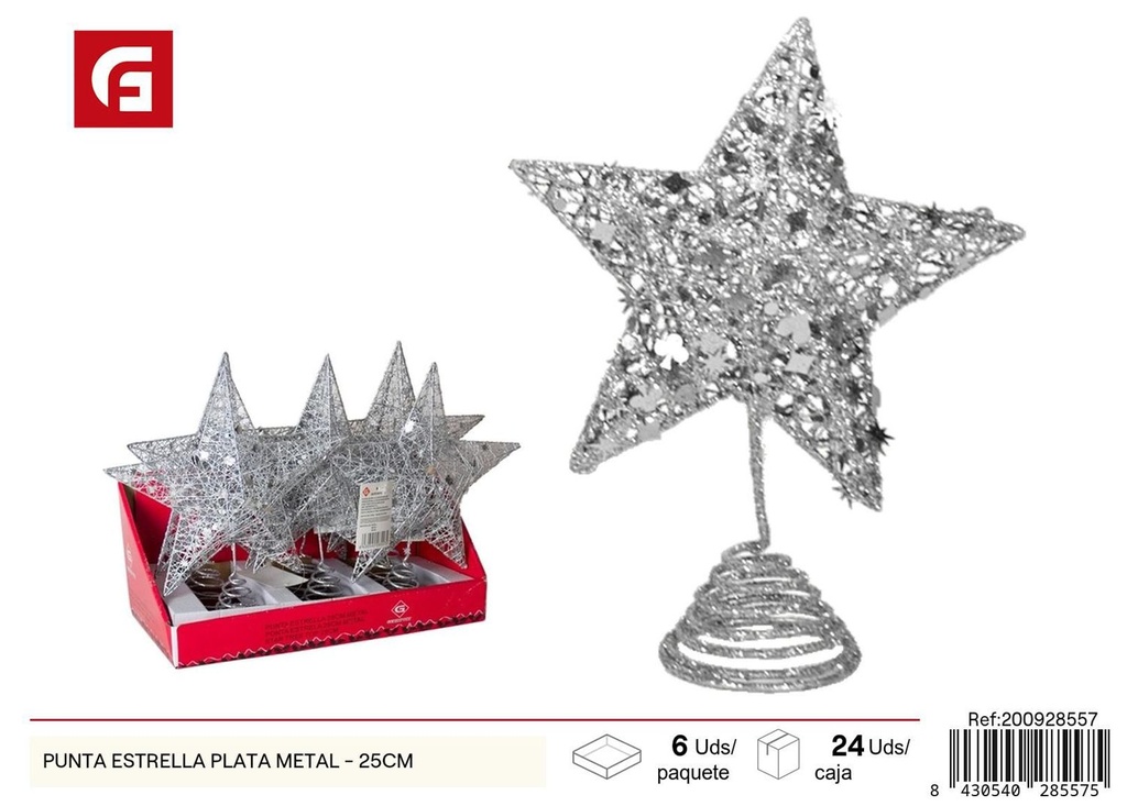 Punta estrella de metal plata 25cm para árbol de Navidad