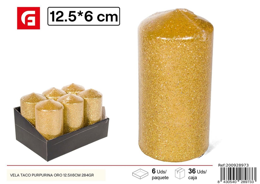 Vela taco purpurina oro 12.5X6cm 284gr - Velas de Navidad