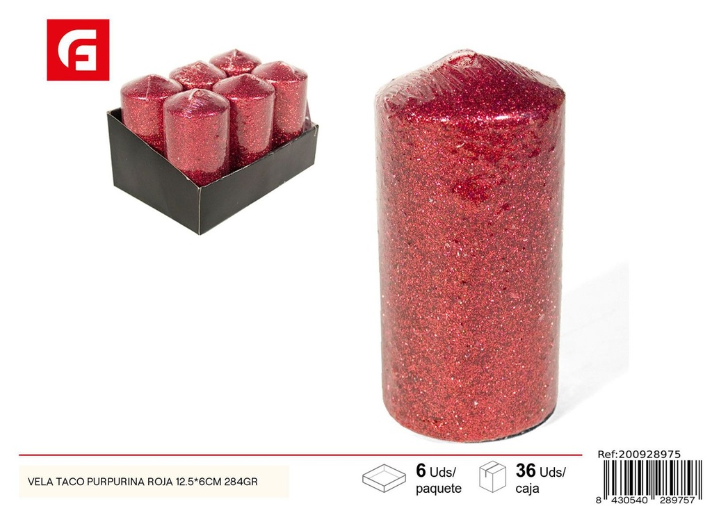 Vela taco purpurina roja 12.5*6cm 284gr - Velas de Navidad