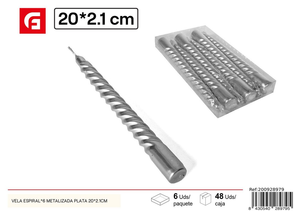 Vela espiral 6pcs metalizada plata 20x2.1cm para decoración