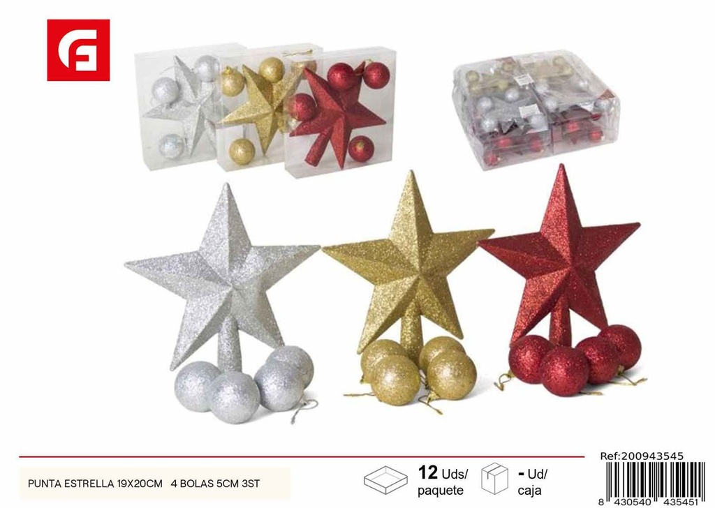 Estrella para árbol de Navidad 19x20cm + 4 bolas 5cm - Decoración navideña