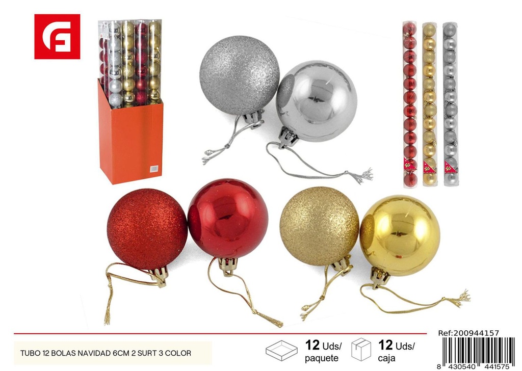 Tubo de 12 bolas navideñas de 6 cm - Adornos para árbol de Navidad