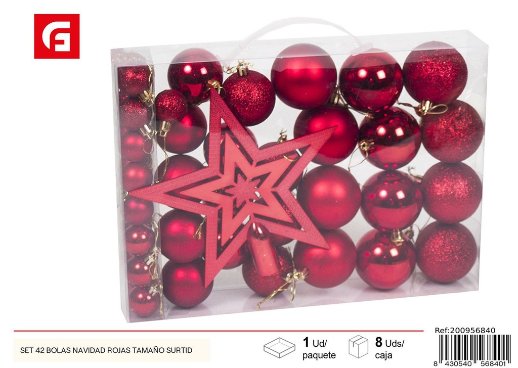 Set de 42 bolas navidad rojas tamaño surtido para decoración