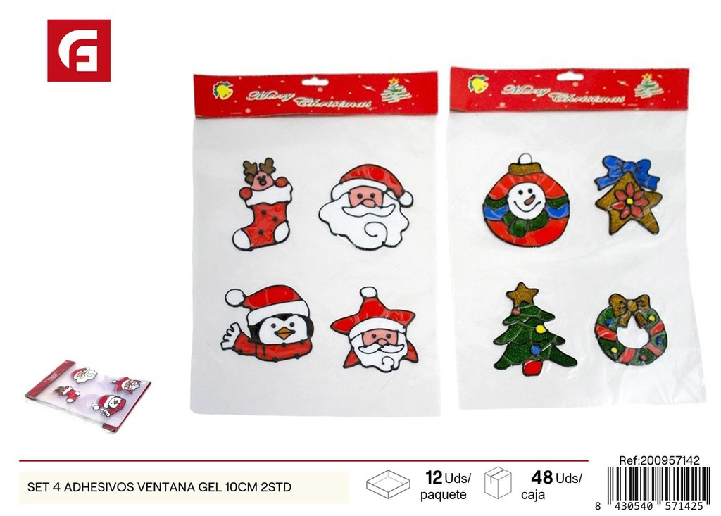 Set 4 adhesivos ventana gel 10cm 2std navideños