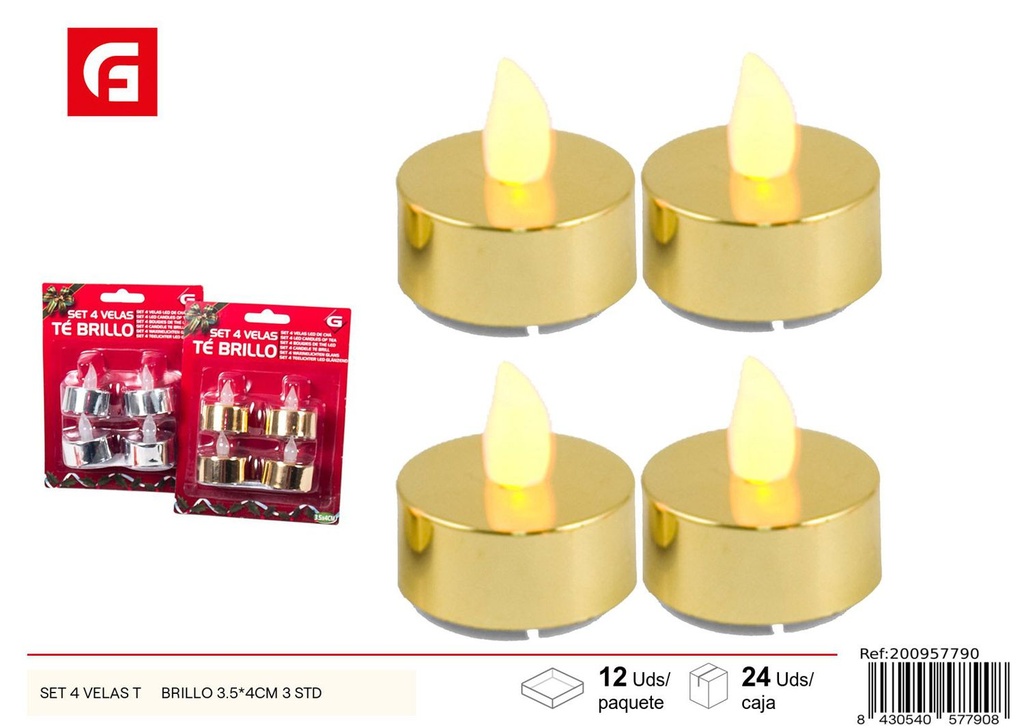 Set de 4 velas LED té brillo 3.5x4 cm - Decoración navideña