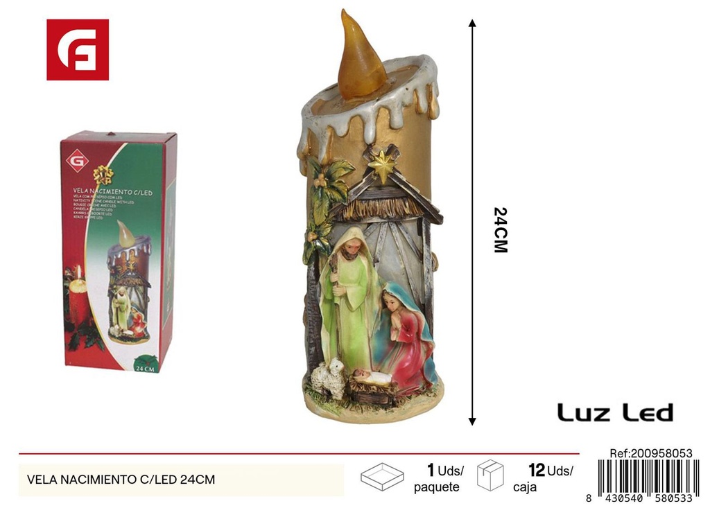 Vela nacimiento con luz LED 24cm para decoración navideña