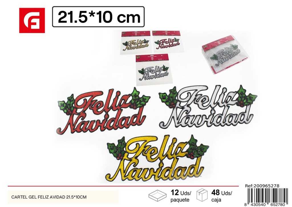 CARTEL GEL FELIZ NAVIDAD 21.5X10 cm 3STD - Decoración navideña