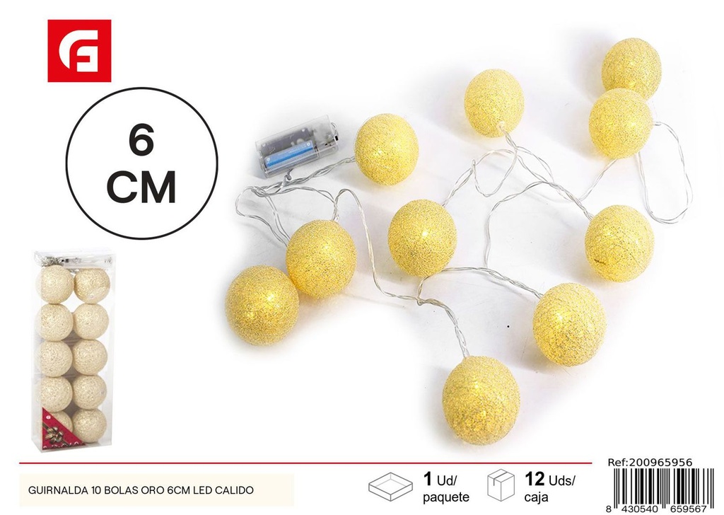 Guirnalda navideña de 10 bolas oro 6cm con LED cálido