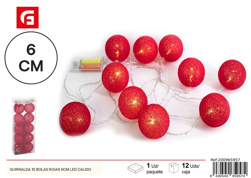 Guirnalda 10 bolas rojas 6cm LED cálido para decoración navideña