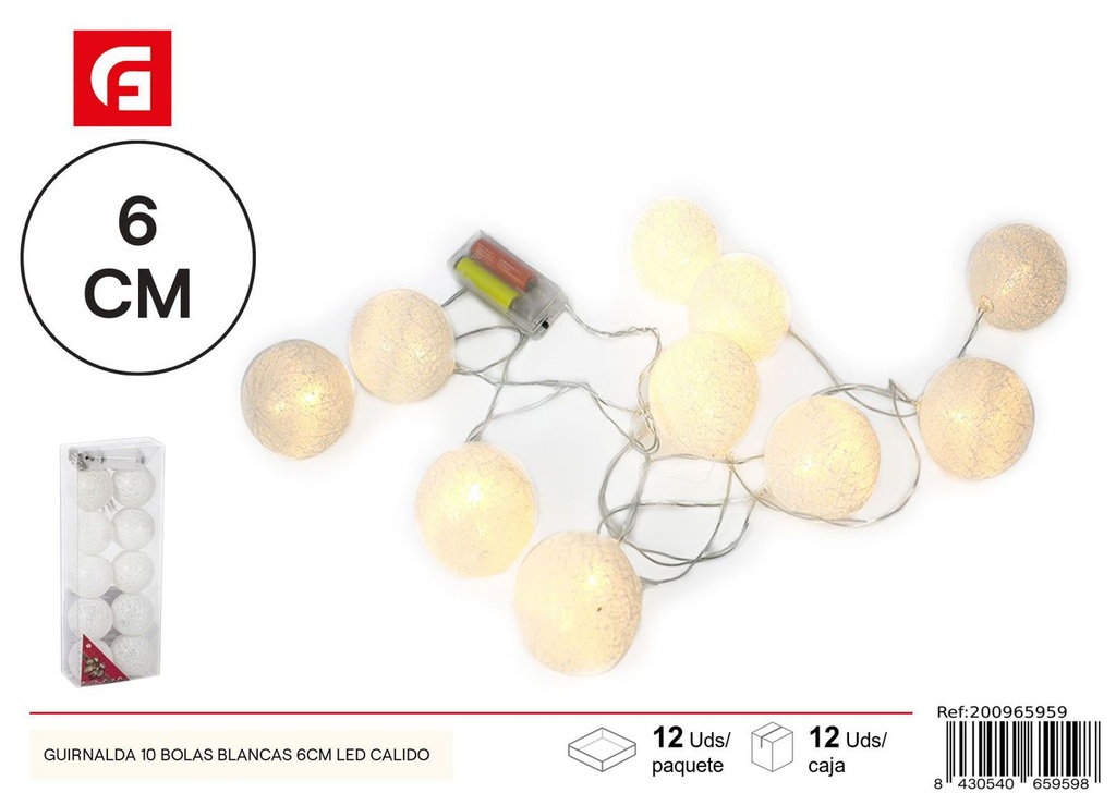 Guirnalda con 10 bolas blancas - 6 cm, LED cálido