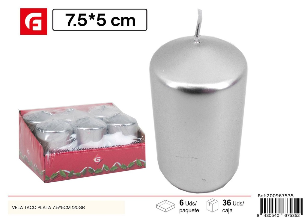 Vela taco plata 7.5x5cm 120g - Velas navideñas