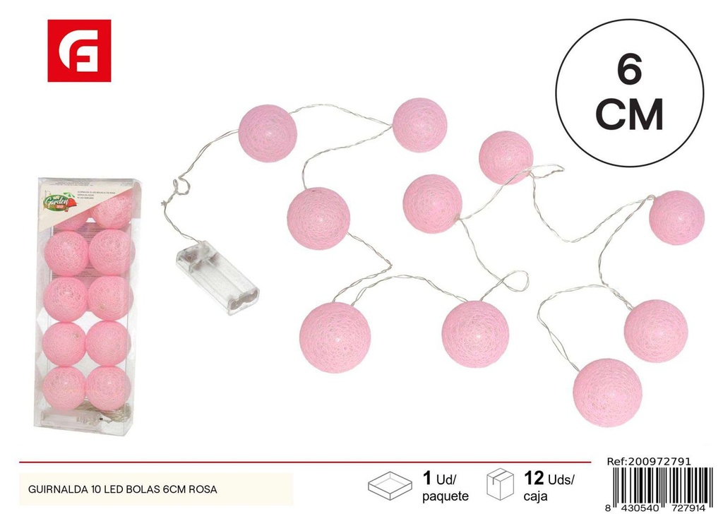 Guirnalda de 10 LED bolas 6cm rosa para decoración