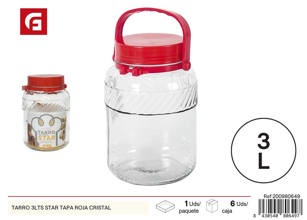 Tarro de cristal 3 lts con tapa roja - Botes y frascos