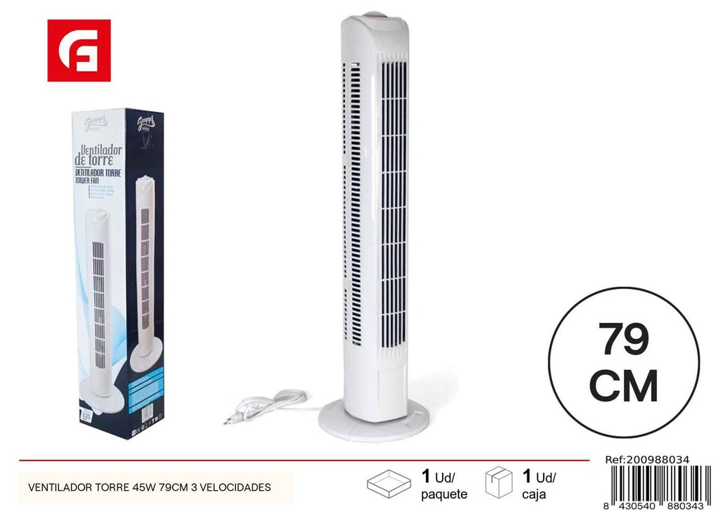 Ventilador torre 45W 79cm 3 velocidades para hogar y oficina