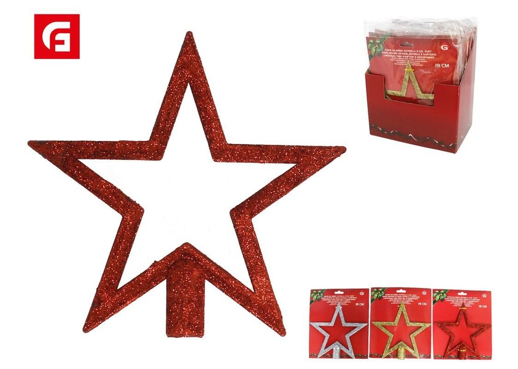 Punta de árbol estrella purpurina 19cm 3 surtidos para decoración navideña