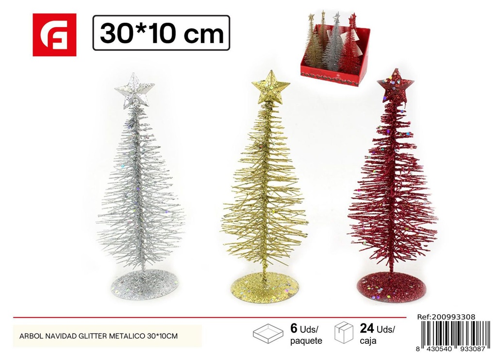 Árbol de Navidad metálico con glitter 30x10cm para decoración festiva