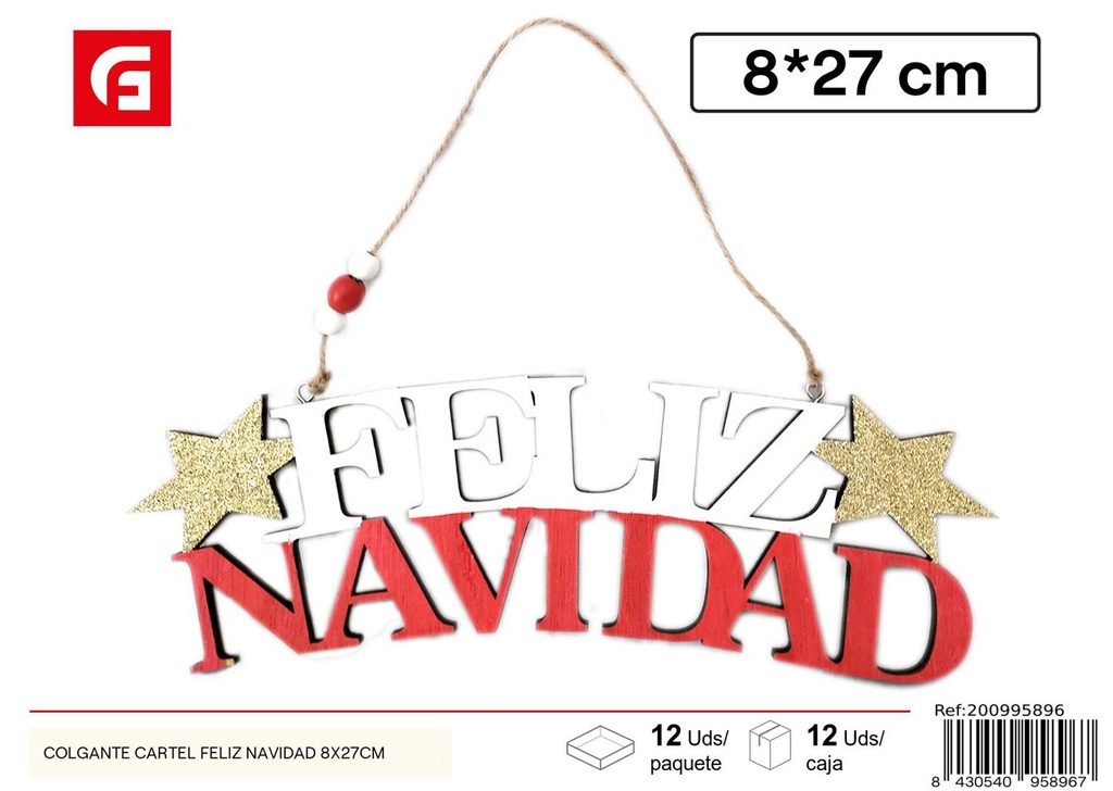 Colgante cartel Feliz Navidad 8x27 cm - Decoración navideña