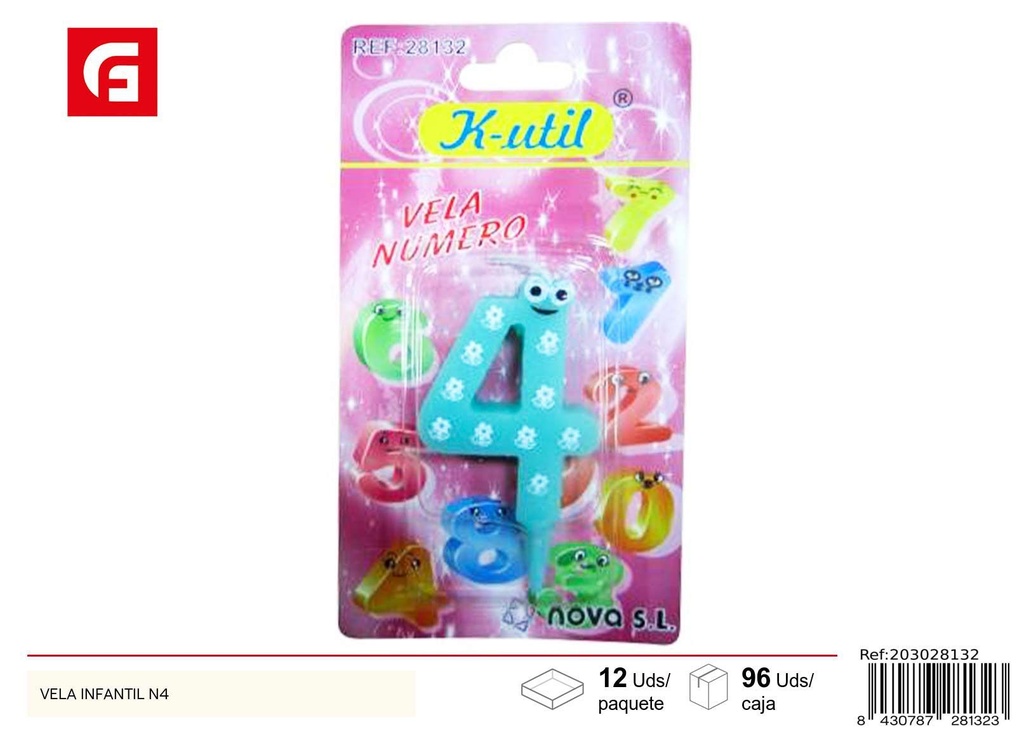 Vela infantil número 4 - Velas de cumpleaños decorativas