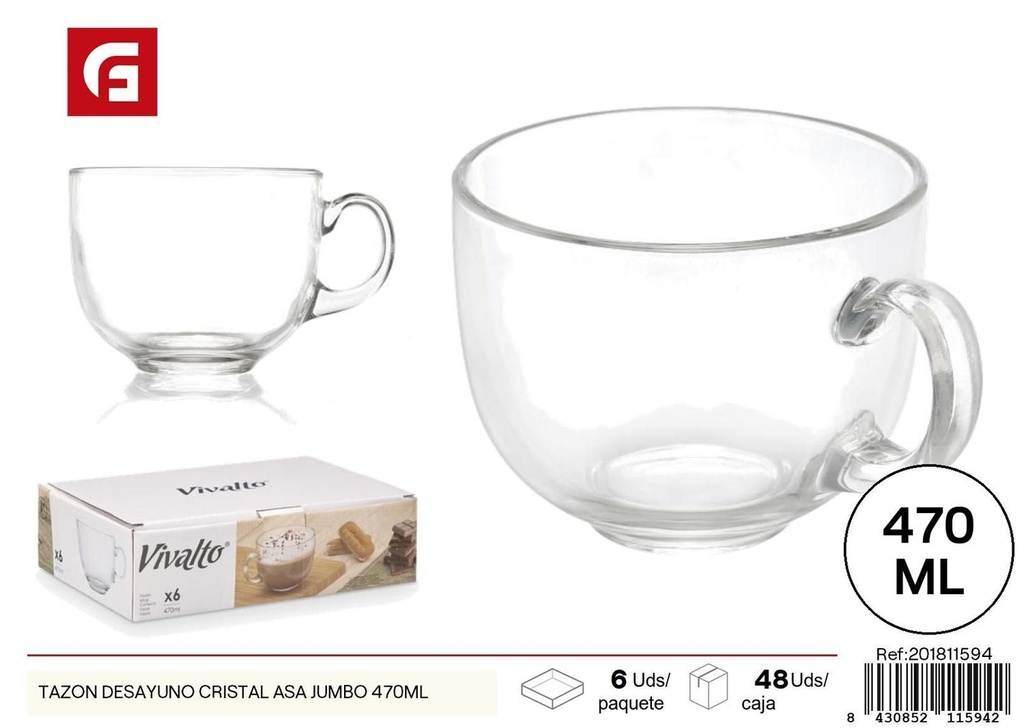 Tazón desayuno cristal asa jumbo 470ML - Utensilios de cocina